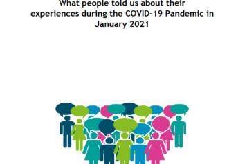 Front page of report showing title "What people have told us about their experiences during the Covid-19 pandemic" and an icon of different brightly coloured people and speech bubbles