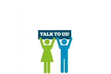 symbol of a female coloured green and male coloured blue holding up a banner saying talk to us