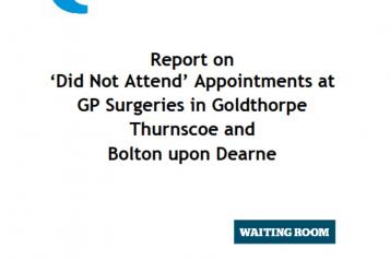 blue speech mark followed by report title and icon of three people sat in a waiting room