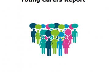 Front Page showing title "Young Carers Report" and an icon of brightly coloured figures and speech bubbles